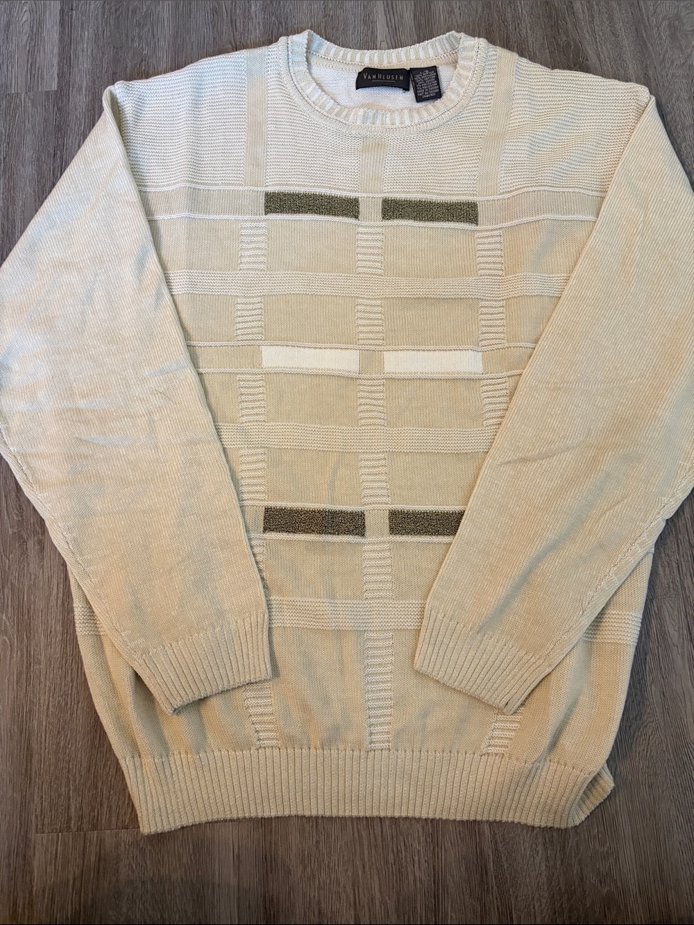 Van Heusen Cream and Tan Crewneck Sweater with Textured Panel